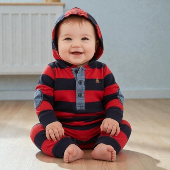 Baby Gap Rugby Striped Hooded Jumpsuit Size 12-18 Months - Picture 15 of 15